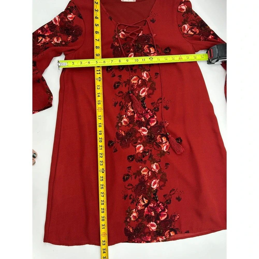 Altar'd State Floral Boho Mini Dress Lace Up Bell Sleeve Romantic M - Picture 6 of 6